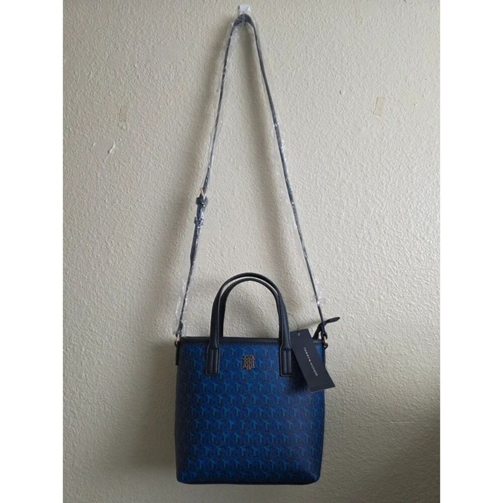 Tommy Hilfiger Blue Monogram Mini Tote Bag with Crossbody Strap NWT